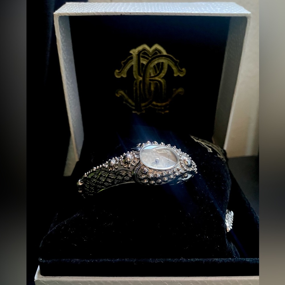 Roberto Cavalli Womens Eva Snake Watch, Silver Stainless Steel Hinged Bangle